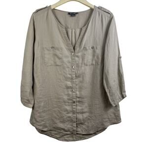 Go Silk Size L 100% Linen Shirt Beige V-neck Button Up Tab Sleeves Epaulets